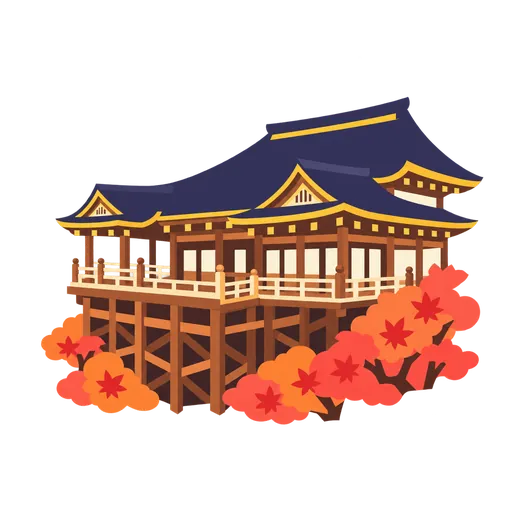 地図を背景に並ぶ清水寺、二条城、東京タワーのイラスト